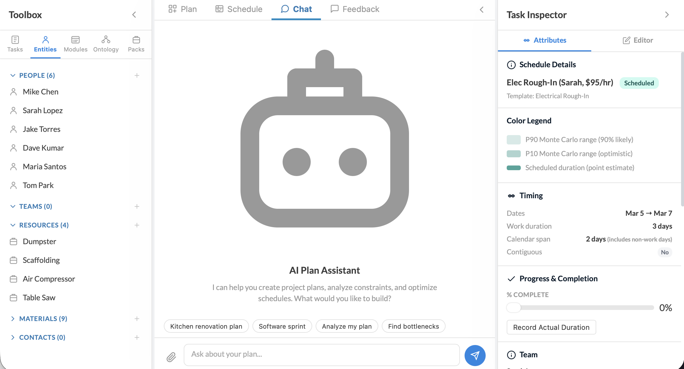 AI chatbot — natural-language assistant for building and refining your project plan