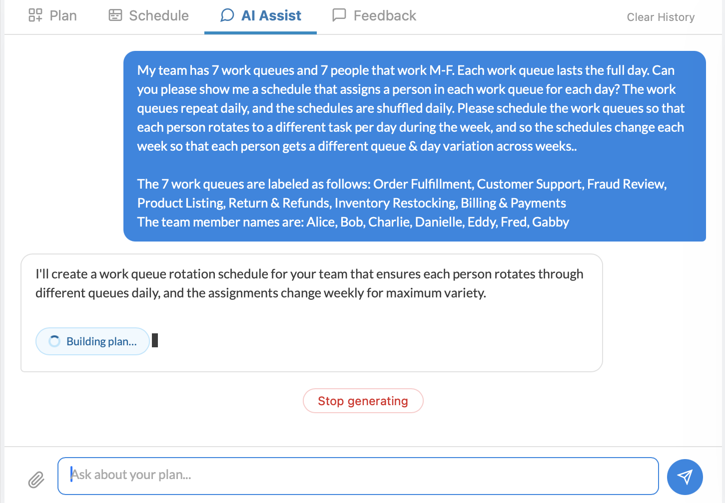 Gantt chart showing 7 team members fairly rotated across 7 daily task queues over multiple weeks